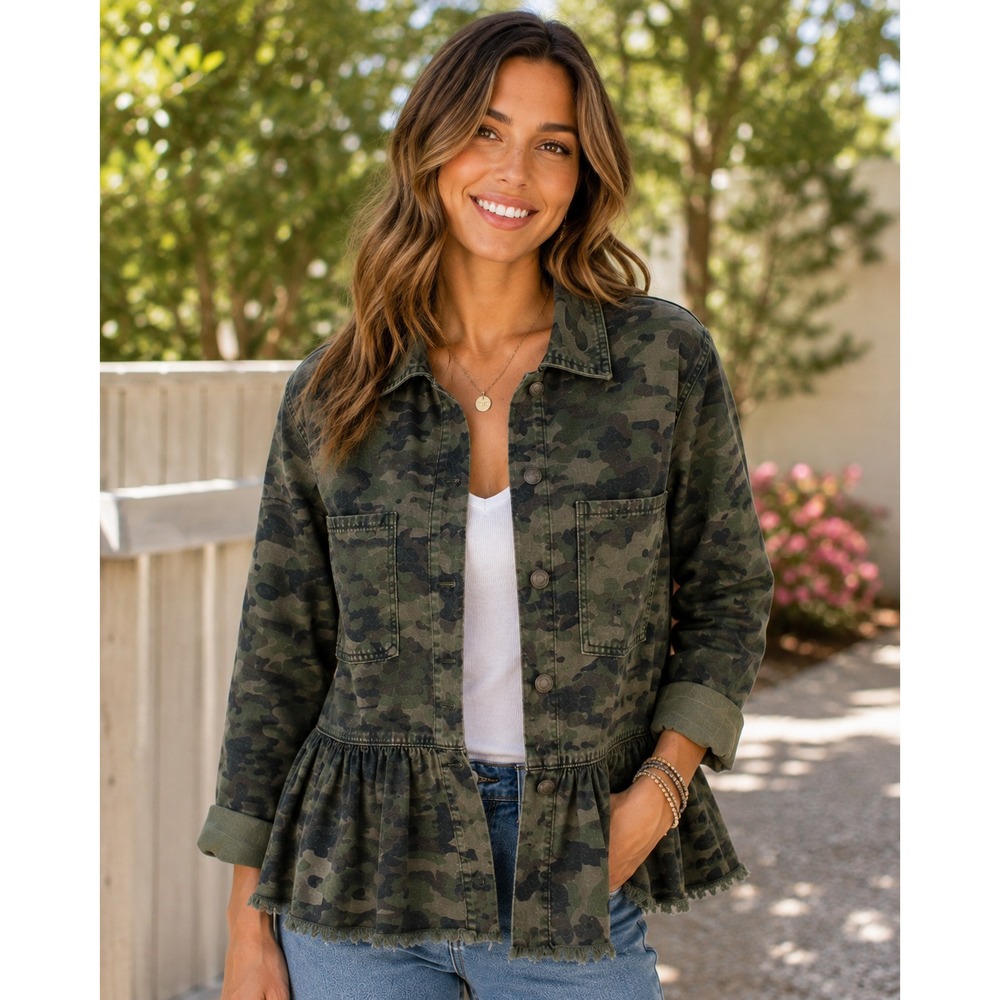 Mud Pie Peplum Camo Jacket Women M Green Shacket Raw Hem Utility Distressed
